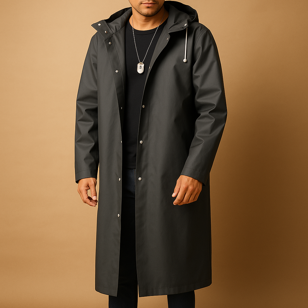 Men’s long waterproof raincoat made of EVA material, ideal for hiking, camping, and staying dry during rainy outdoor activities.