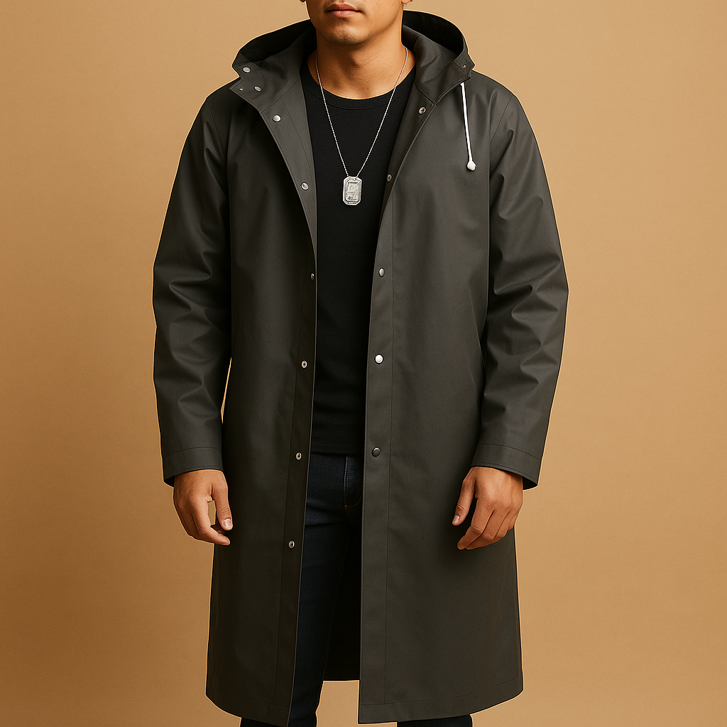 Men’s long waterproof raincoat made of EVA material, ideal for hiking, camping, and staying dry during rainy outdoor activities.