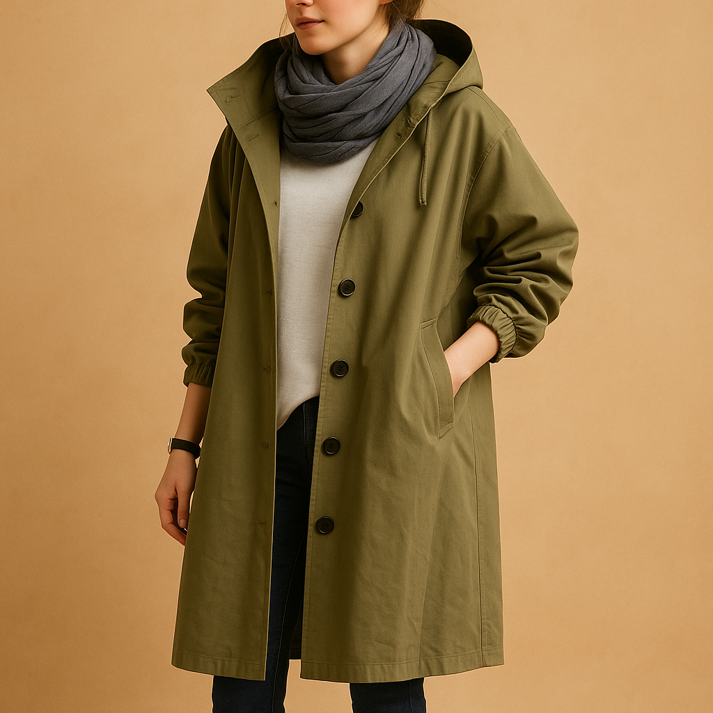 Clara long waterproof raincoat for women with breathable fabric, adjustable waist, removable hood, and belt. Available in Green, Beige, and Black.
