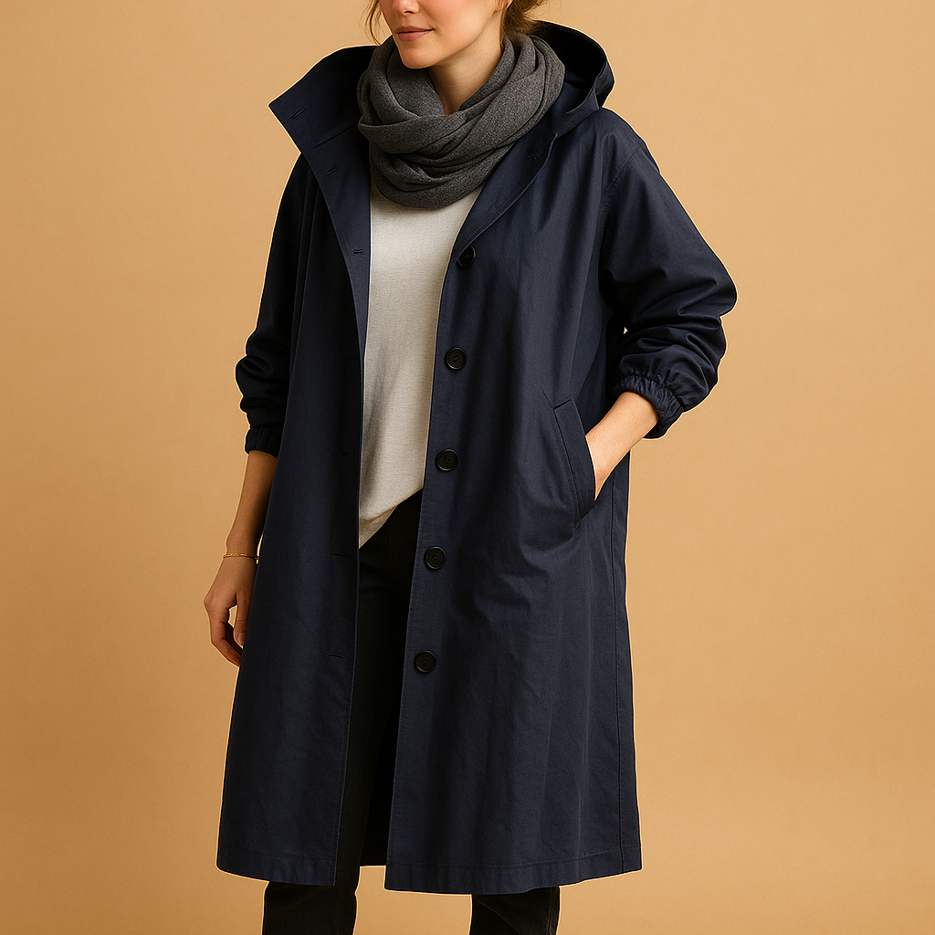 Clara long waterproof raincoat for women with breathable fabric, adjustable waist, removable hood, and belt. Available in Green, Beige, and Black.