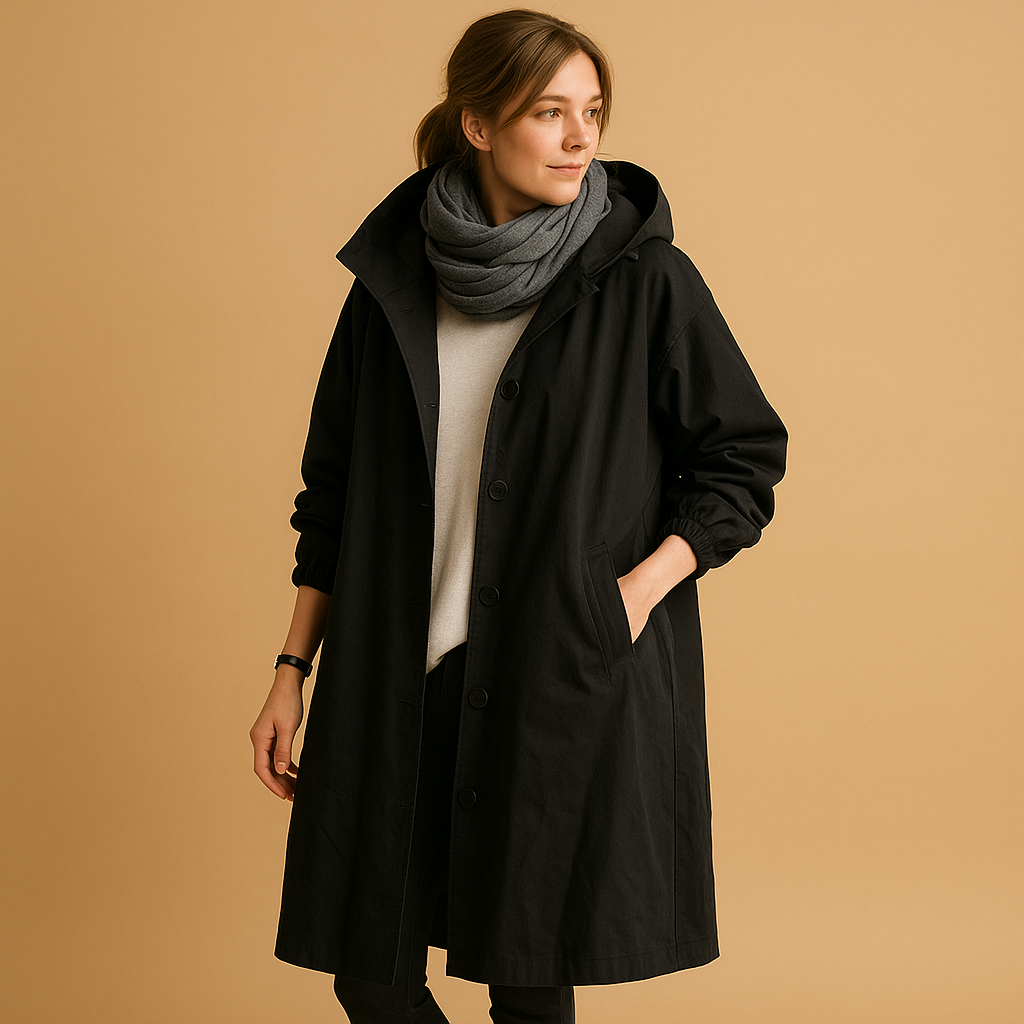 Clara long waterproof raincoat for women with breathable fabric, adjustable waist, removable hood, and belt. Available in Green, Beige, and Black.