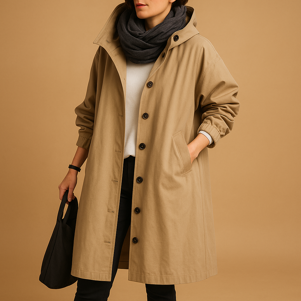 Clara long waterproof raincoat for women with breathable fabric, adjustable waist, removable hood, and belt. Available in Green, Beige, and Black.