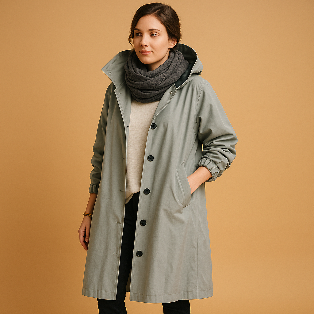 Clara long waterproof raincoat for women with breathable fabric, adjustable waist, removable hood, and belt. Available in Green, Beige, and Black.