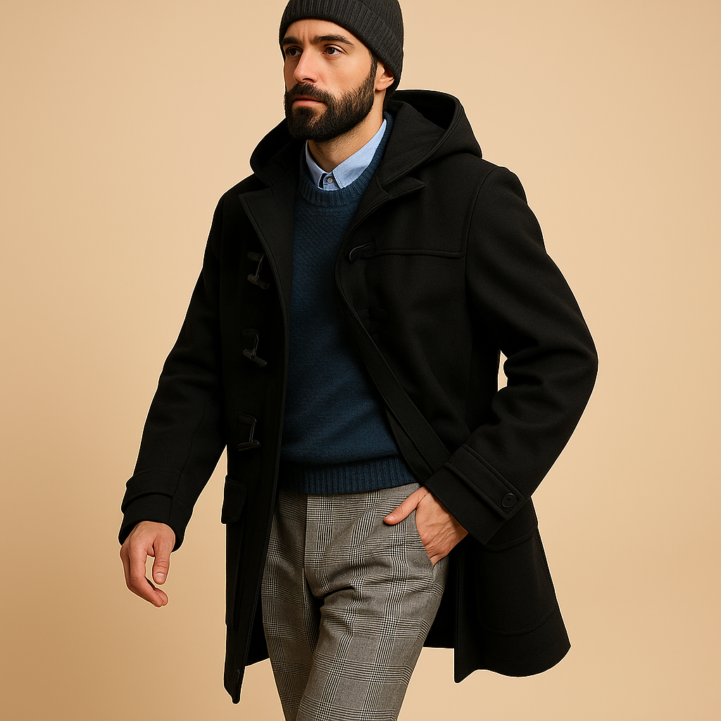 Men’s long winter coat with insulating design and extended cut, perfect for work, winter walks, and everyday wear.
