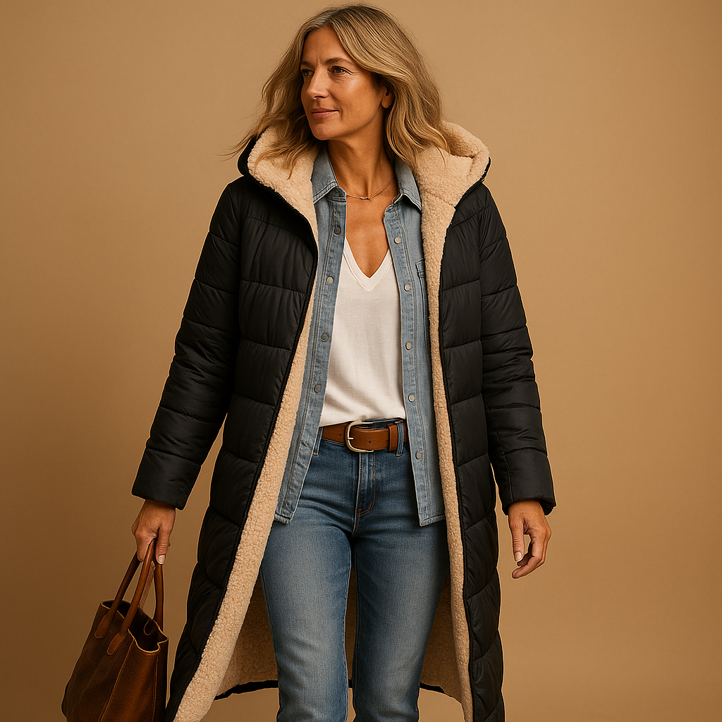 Women’s long winter coat with premium insulation, modern cut, and comfortable fit. Available in Black, Beige, and Dark Blue for timeless winter elegance.