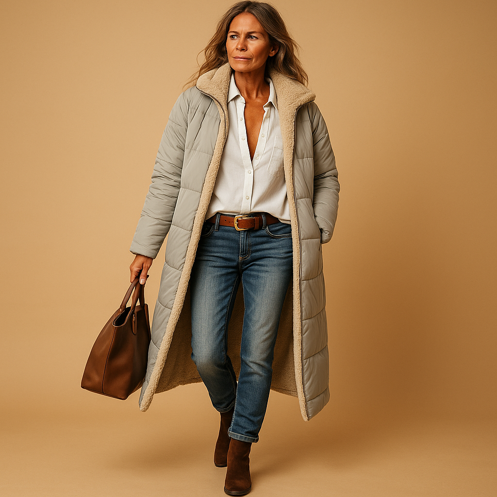 Women’s long winter coat with premium insulation, modern cut, and comfortable fit. Available in Black, Beige, and Dark Blue for timeless winter elegance.