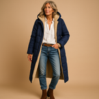 Women’s long winter coat with premium insulation, modern cut, and comfortable fit. Available in Black, Beige, and Dark Blue for timeless winter elegance.
