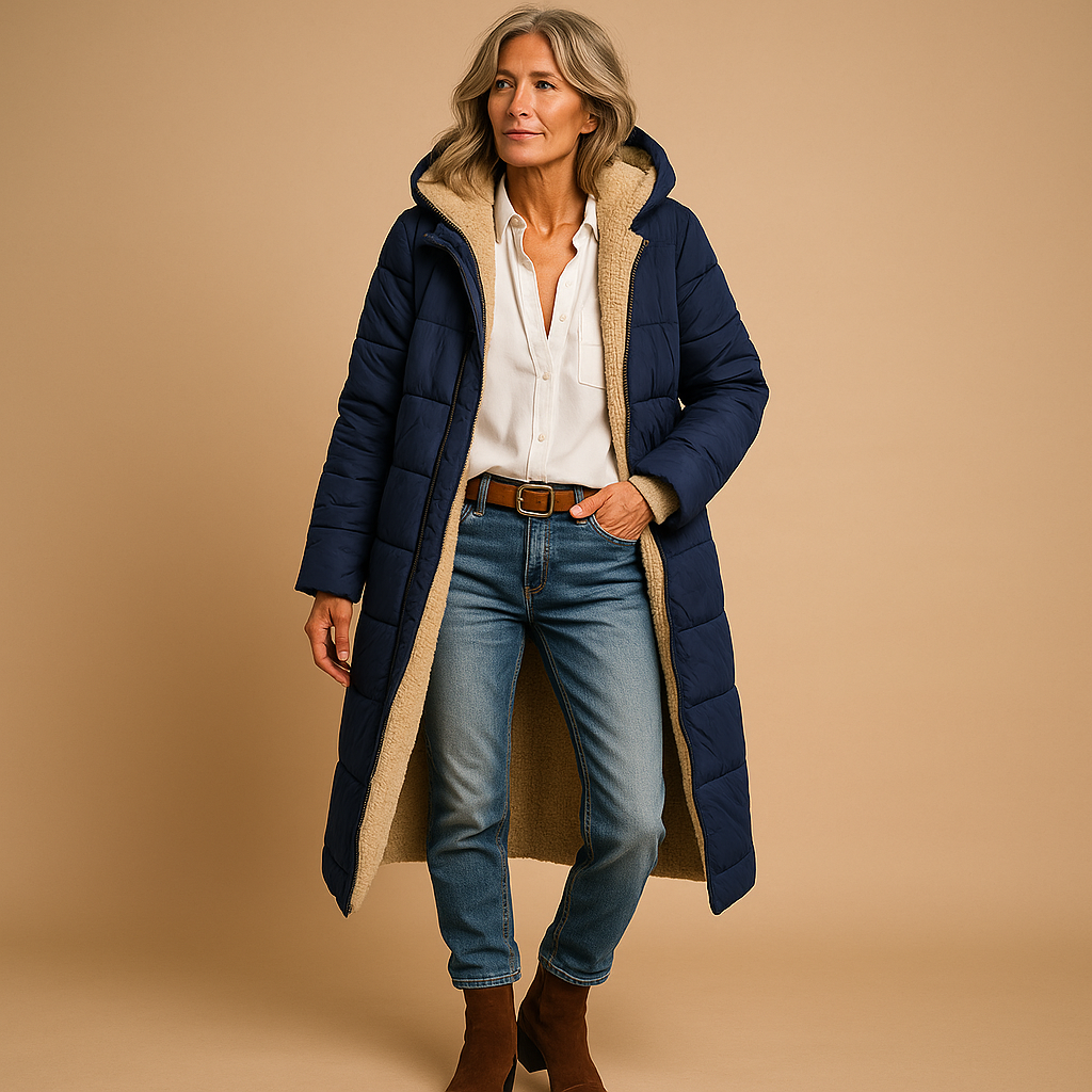 Women’s long winter coat with premium insulation, modern cut, and comfortable fit. Available in Black, Beige, and Dark Blue for timeless winter elegance.