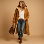 Women’s long winter coat with premium insulation, modern cut, and comfortable fit. Available in Black, Beige, and Dark Blue for timeless winter elegance.