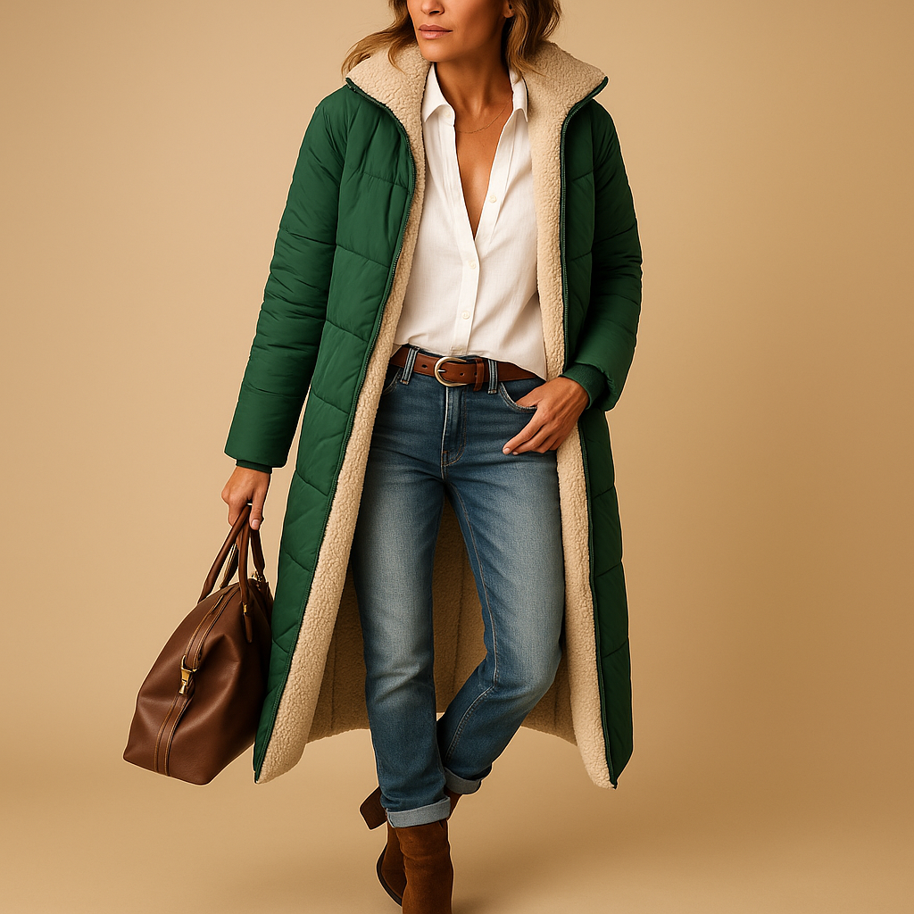 Women’s long winter coat with premium insulation, modern cut, and comfortable fit. Available in Black, Beige, and Dark Blue for timeless winter elegance.