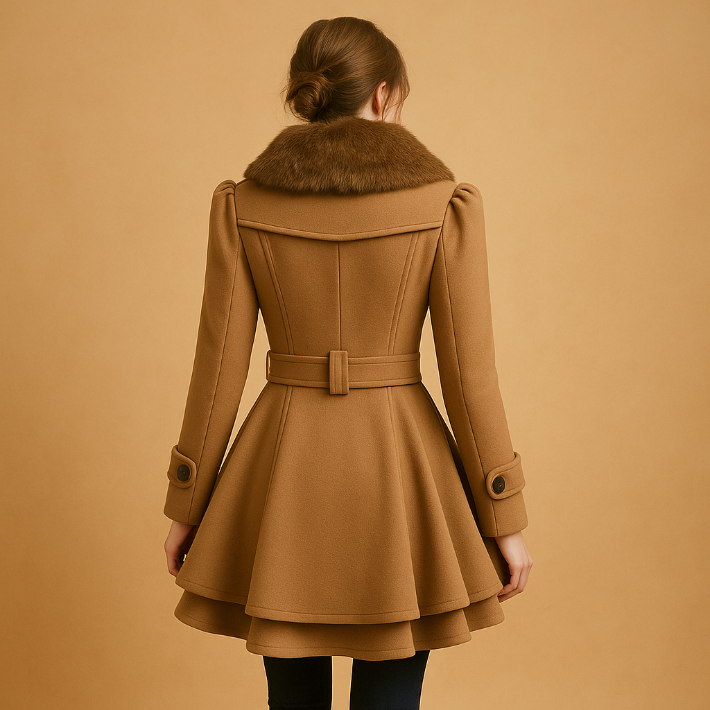 Women’s long winter coat with soft fabric, flattering silhouette, and faux fur collar. Available in black, red, beige, and blue for daily or special occasions.