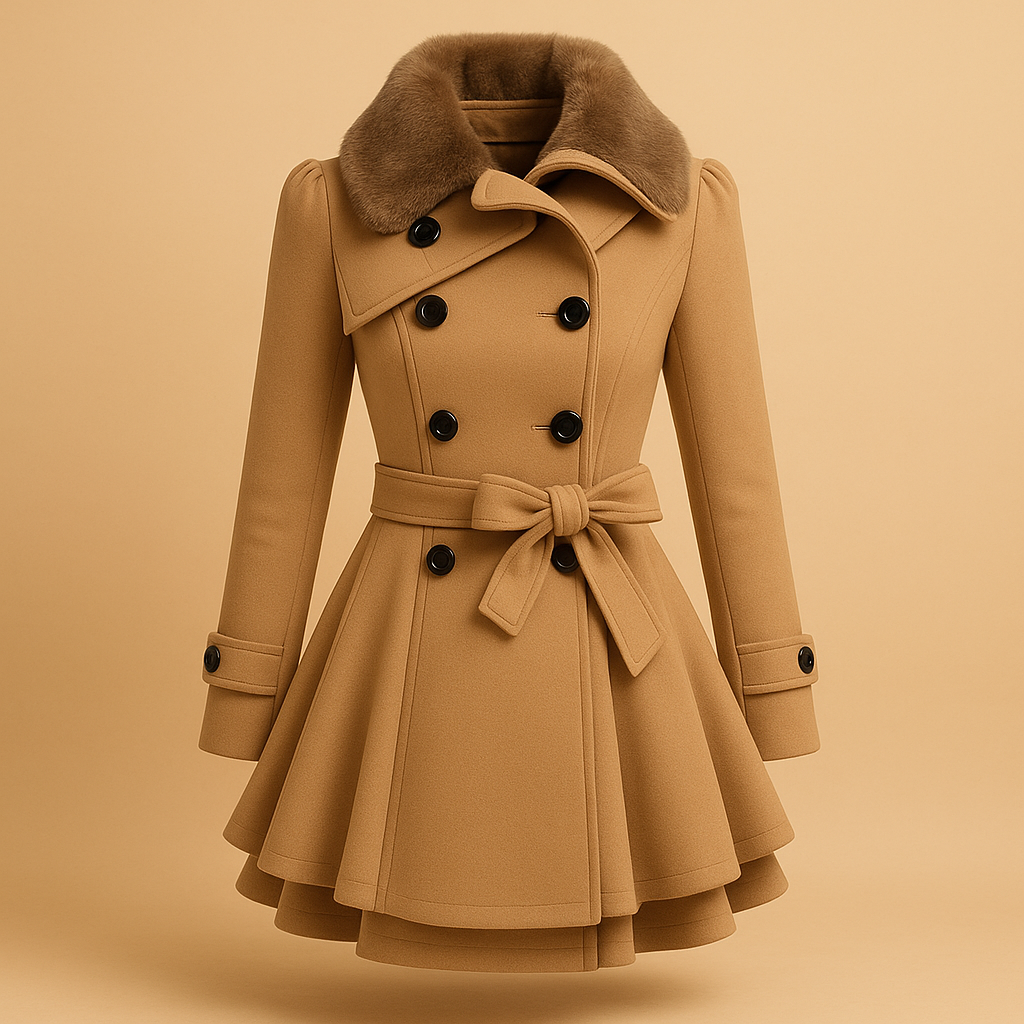 Women’s long winter coat with soft fabric, flattering silhouette, and faux fur collar. Available in black, red, beige, and blue for daily or special occasions.