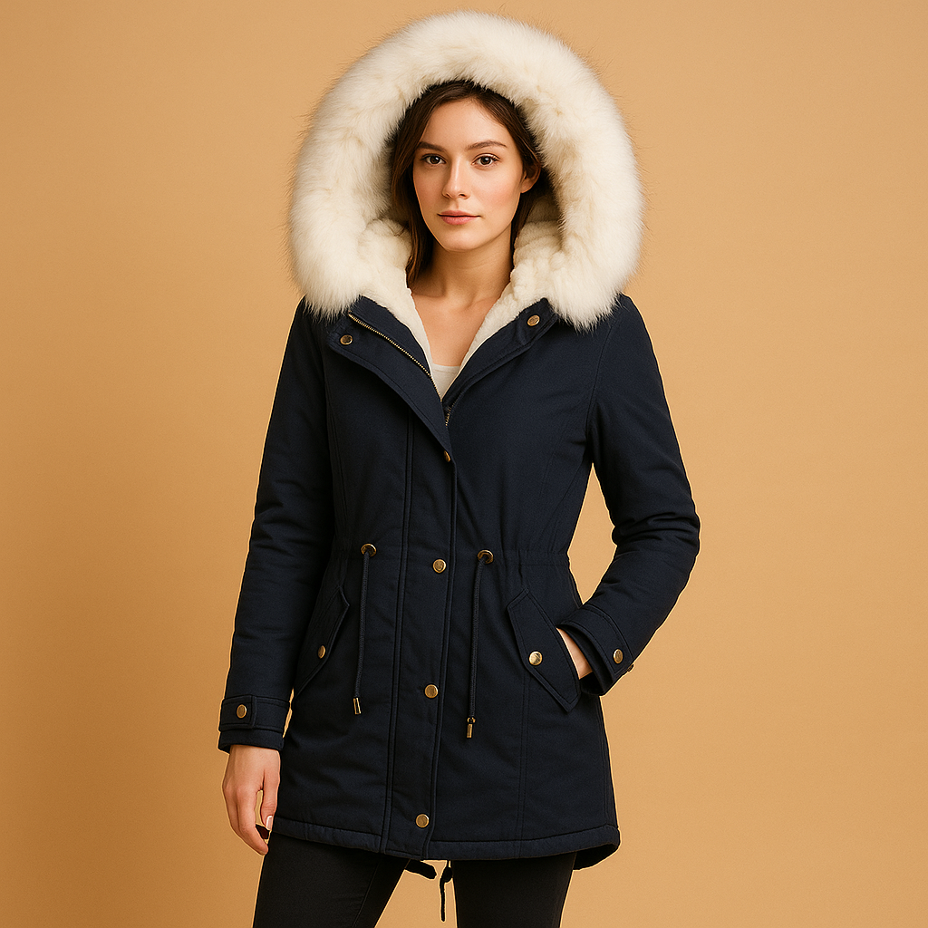 Long winter coat for women with faux fur hood and waterproof lining, designed for warmth, comfort, and elegant winter style.