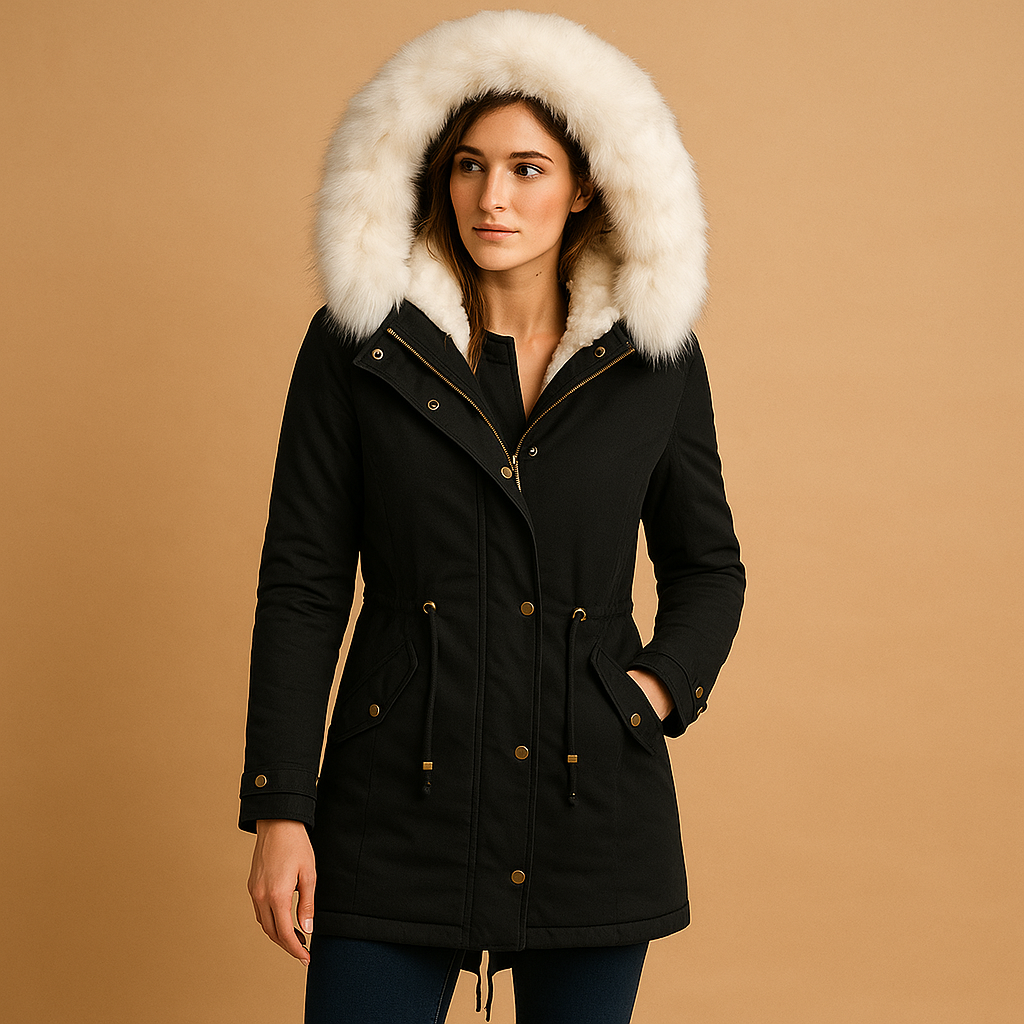 Long winter coat for women with faux fur hood and waterproof lining, designed for warmth, comfort, and elegant winter style.