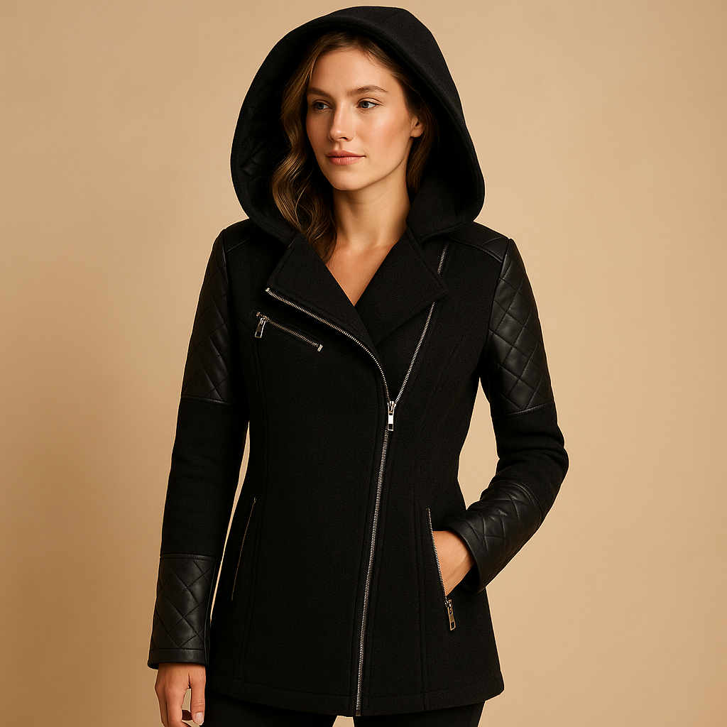 Long winter coat with hood for women in black, navy, or beige, offering insulation, comfort, and timeless elegance for cold winter days.