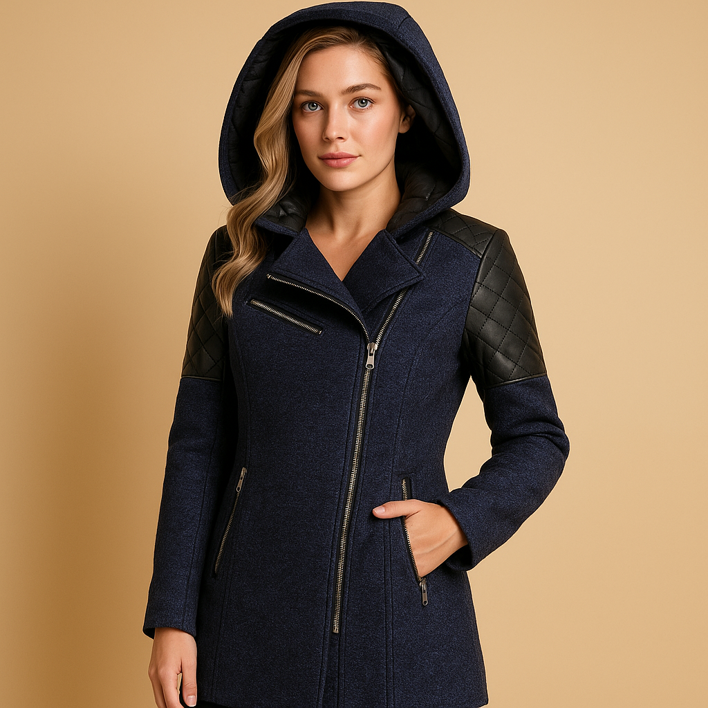 Long winter coat with hood for women in black, navy, or beige, offering insulation, comfort, and timeless elegance for cold winter days.