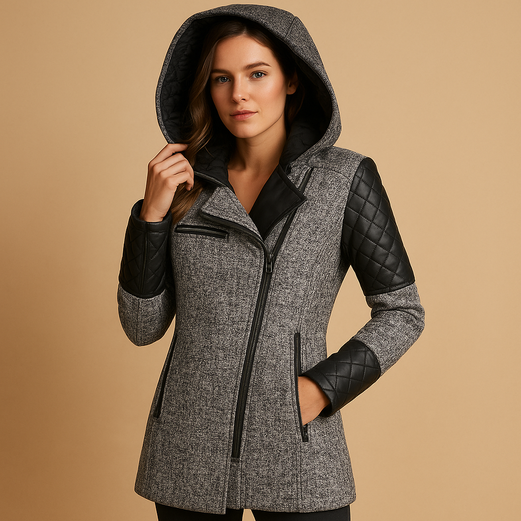 Long winter coat with hood for women in black, navy, or beige, offering insulation, comfort, and timeless elegance for cold winter days.