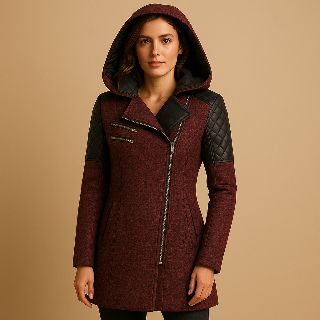 Long winter coat with hood for women in black, navy, or beige, offering insulation, comfort, and timeless elegance for cold winter days.