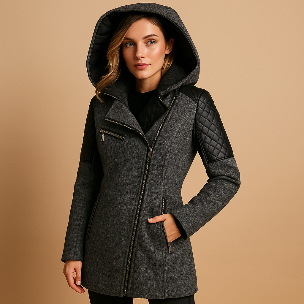 Long winter coat with hood for women in black, navy, or beige, offering insulation, comfort, and timeless elegance for cold winter days.