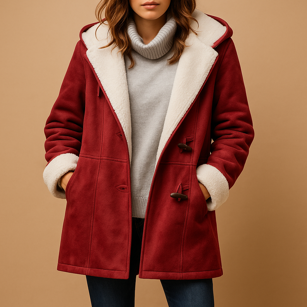 Women’s long winter coat with hood in red, black, khaki, army green, or grey. Warm insulating fabric with modern tailored fit for elegant winter style.