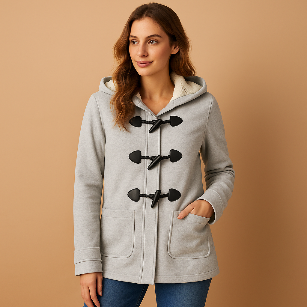 Long winter coat with hood for women featuring a wind-resistant design and elegant silhouette, perfect for cold weather.