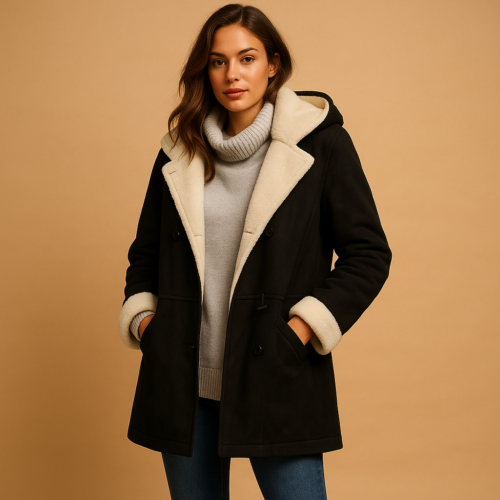 Women’s long winter coat with hood in red, black, khaki, army green, or grey. Warm insulating fabric with modern tailored fit for elegant winter style.