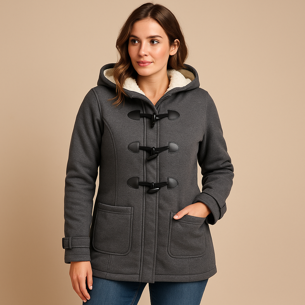Long winter coat with hood for women featuring a wind-resistant design and elegant silhouette, perfect for cold weather.