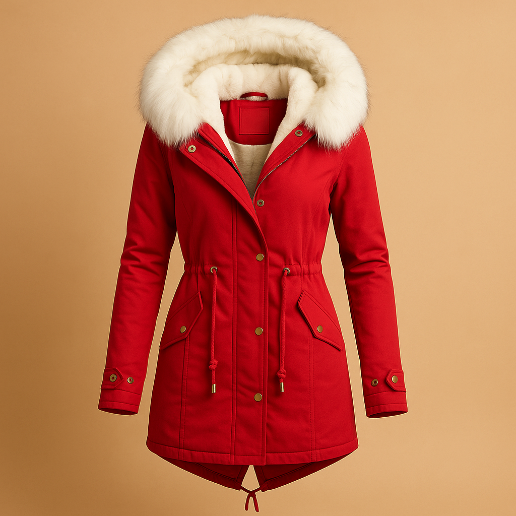 Long winter coat with faux fur hood for women featuring a soft inner lining and water-repellent fabric for warmth and elegance.
