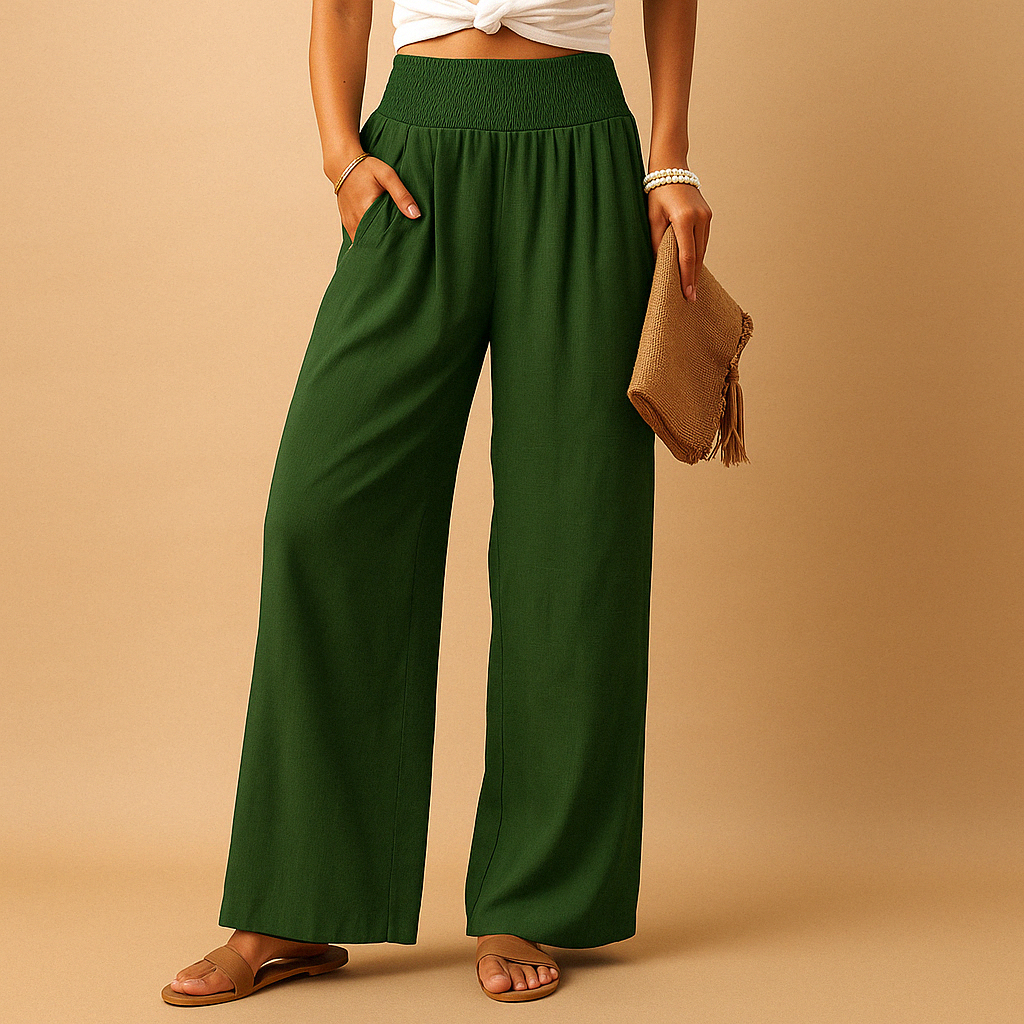 Women’s loose summer pants with elastic waistband and wide legs, breathable and lightweight fabric, ideal for warm casual days.