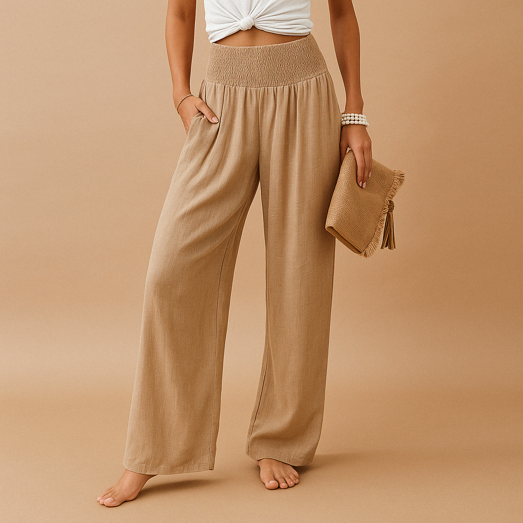 Women’s loose summer pants with elastic waistband and wide legs, breathable and lightweight fabric, ideal for warm casual days.