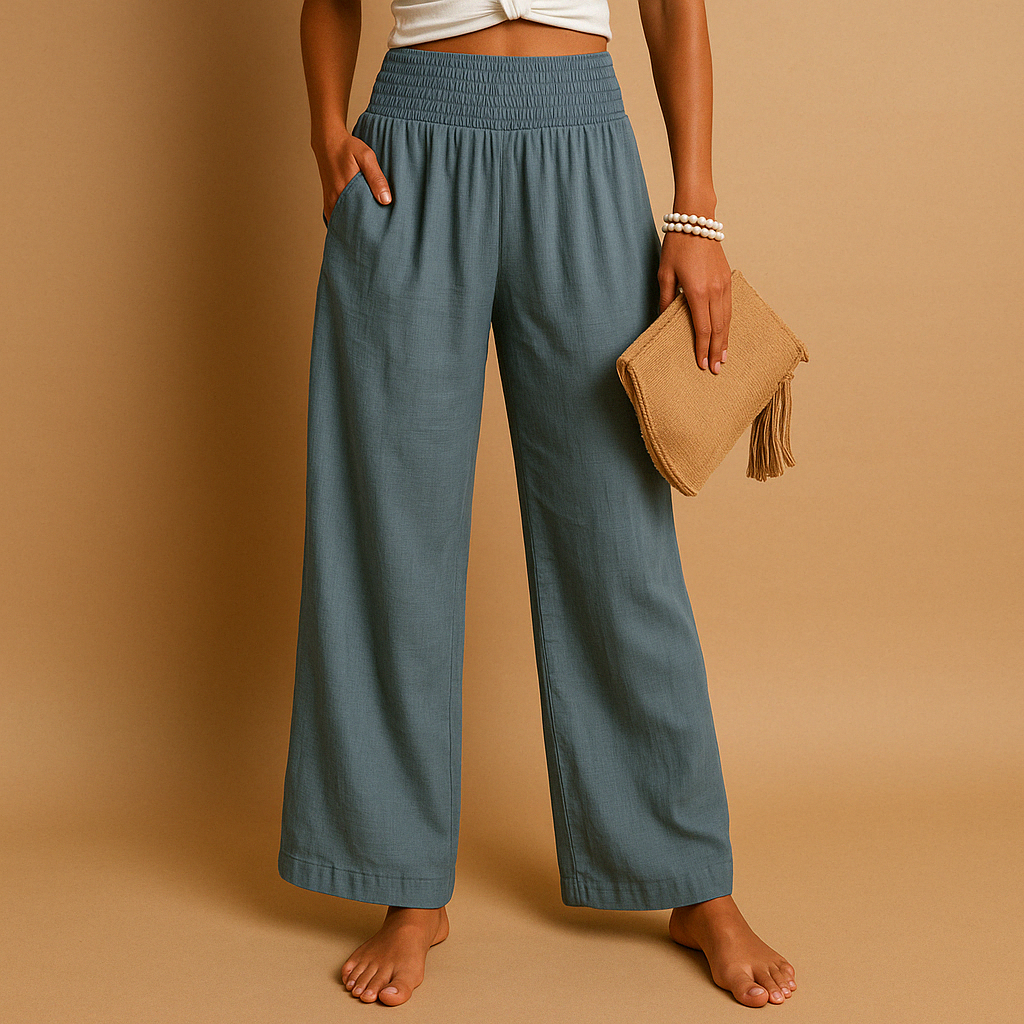 Women’s loose summer pants with elastic waistband and wide legs, breathable and lightweight fabric, ideal for warm casual days.