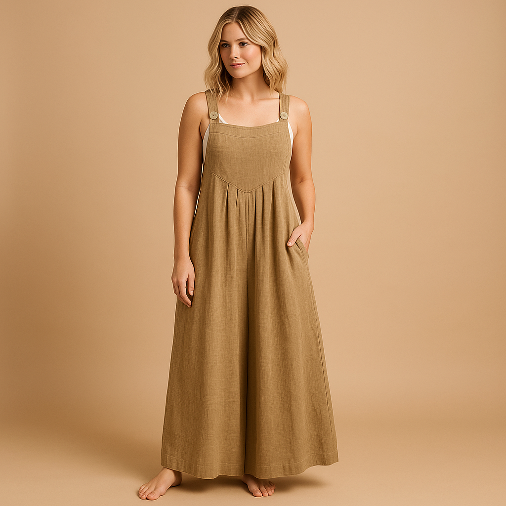 Loose cotton overall for women with adjustable straps and relaxed fit, perfect for summer outings, casual wear, and comfortable days at home.