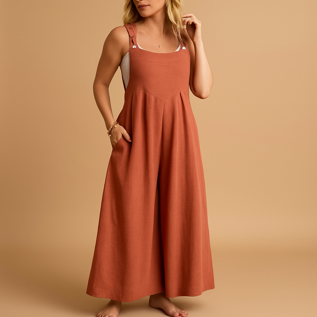 Loose cotton overall for women with adjustable straps and relaxed fit, perfect for summer outings, casual wear, and comfortable days at home.