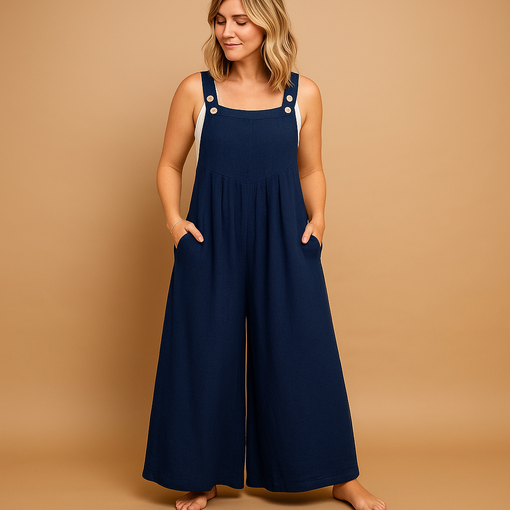 Loose cotton overall for women with adjustable straps and relaxed fit, perfect for summer outings, casual wear, and comfortable days at home.