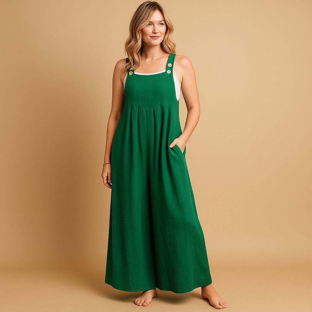 Loose cotton overall for women with adjustable straps and relaxed fit, perfect for summer outings, casual wear, and comfortable days at home.
