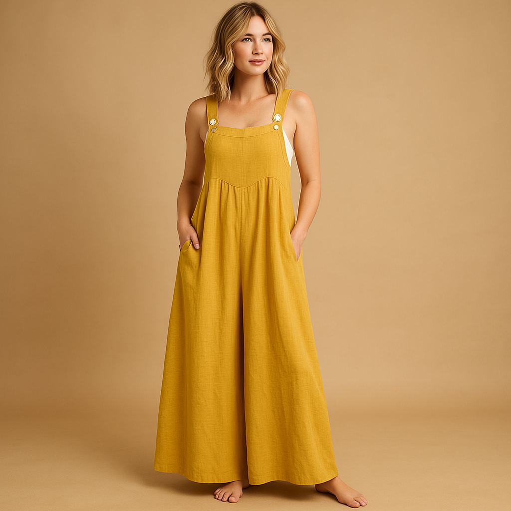 Loose cotton overall for women with adjustable straps and relaxed fit, perfect for summer outings, casual wear, and comfortable days at home.