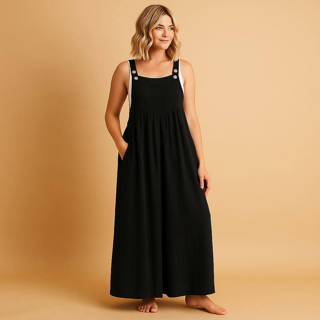 Loose cotton overall for women with adjustable straps and relaxed fit, perfect for summer outings, casual wear, and comfortable days at home.