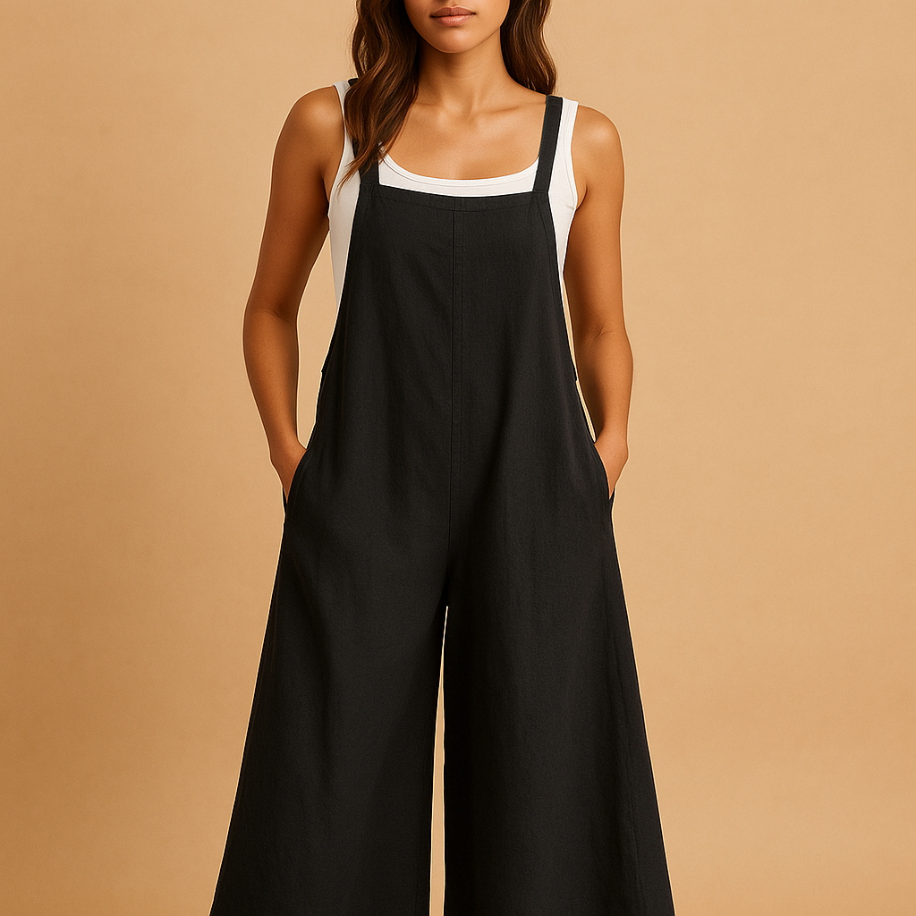 Loose summer jumpsuit for women with wide legs in black, green, and blue tones, perfect for lounging, city walks, and warm summer days.