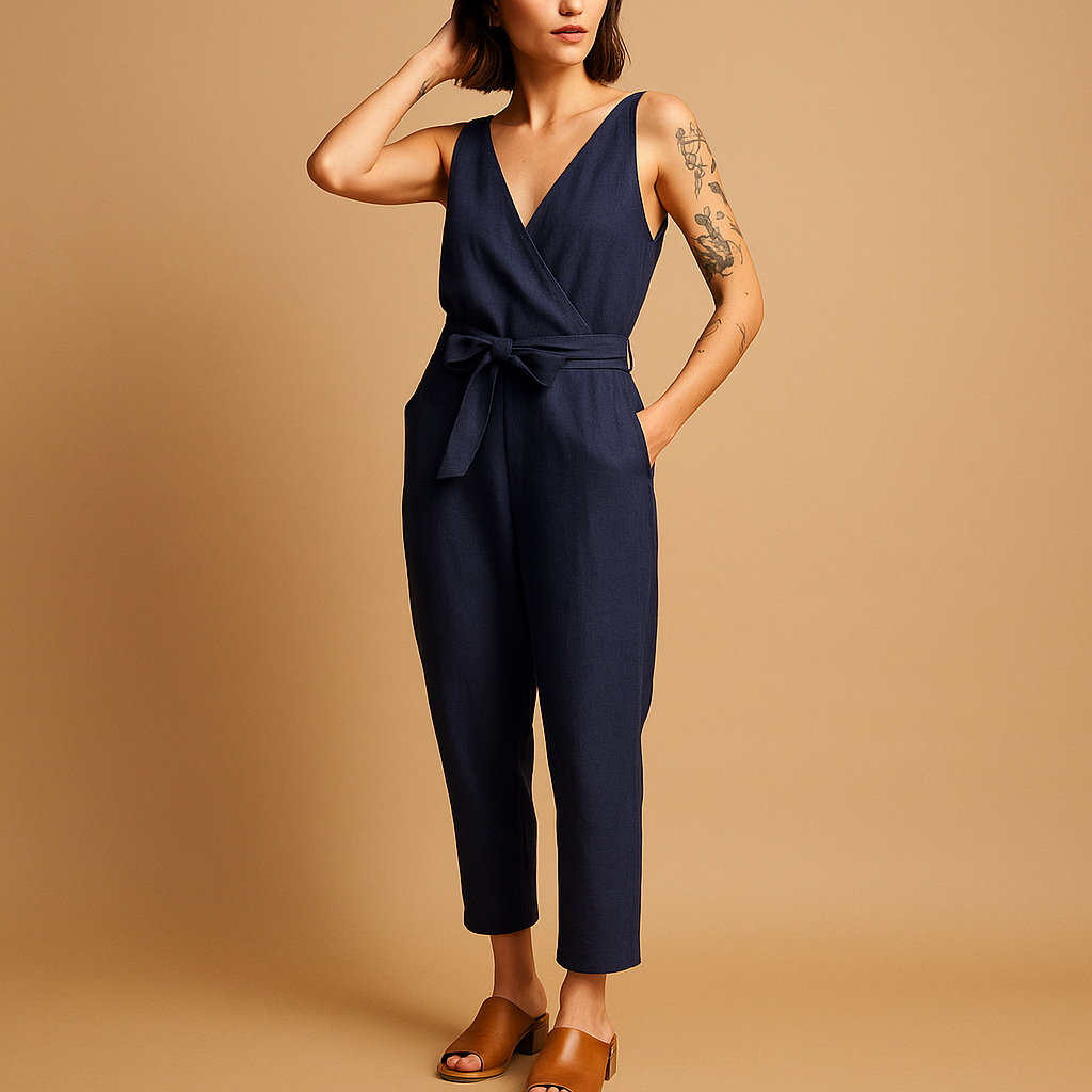 Loose V-neck jumpsuit for women with adjustable waistband and long pant legs, perfect for summer days, beach trips, and casual wear.