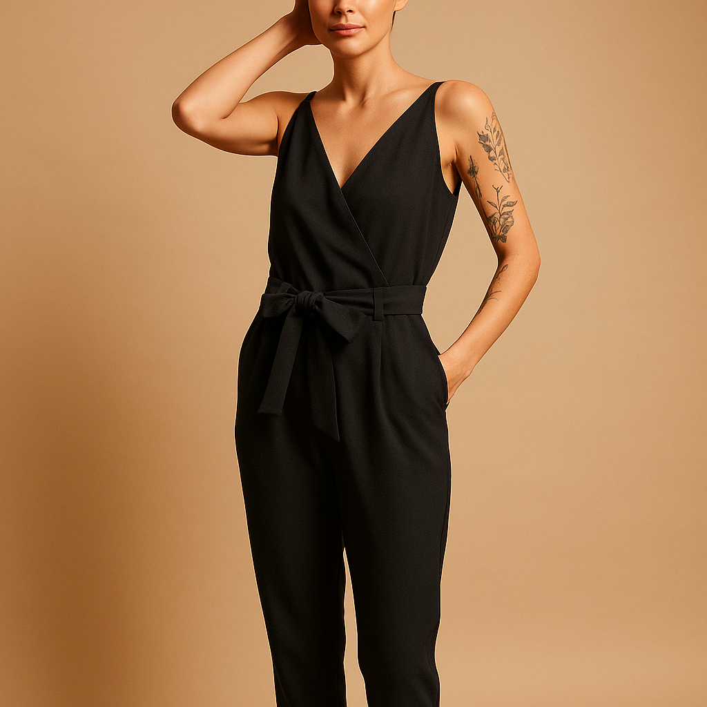 Loose V-neck jumpsuit for women with adjustable waistband and long pant legs, perfect for summer days, beach trips, and casual wear.