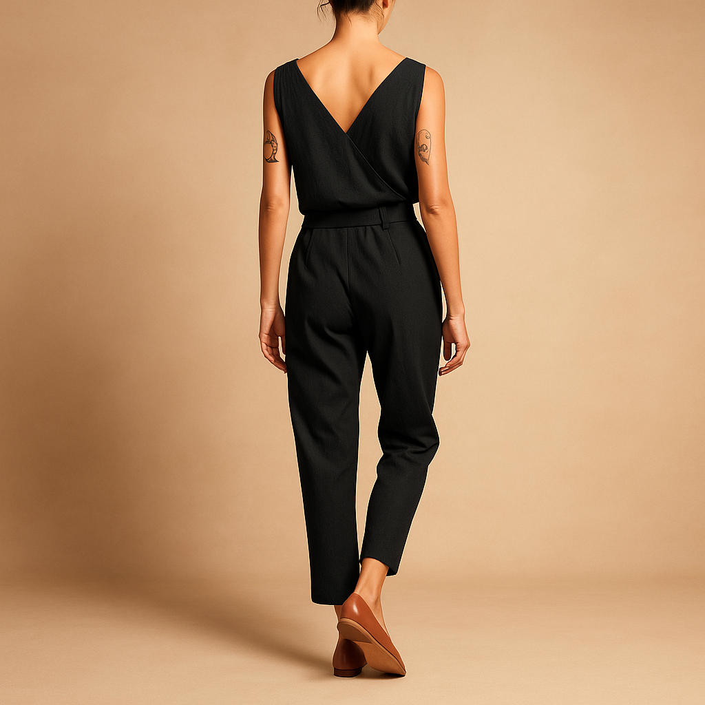 Loose V-neck jumpsuit for women with adjustable waistband and long pant legs, perfect for summer days, beach trips, and casual wear.