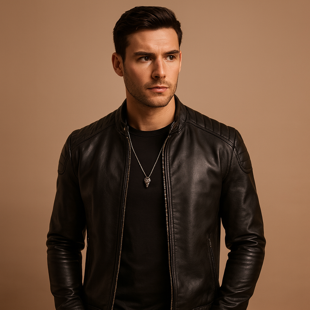 Luxury biker jacket for men with soft, breathable material and elegant design, perfect for business or casual occasions.