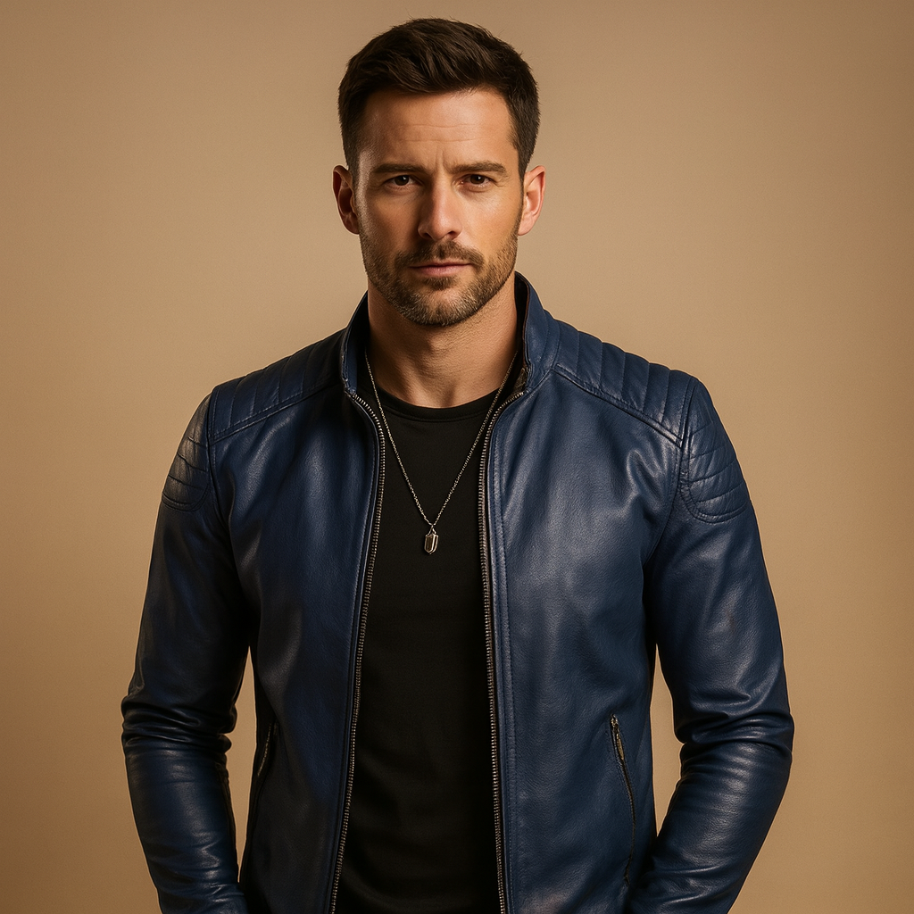 Luxury biker jacket for men with soft, breathable material and elegant design, perfect for business or casual occasions.
