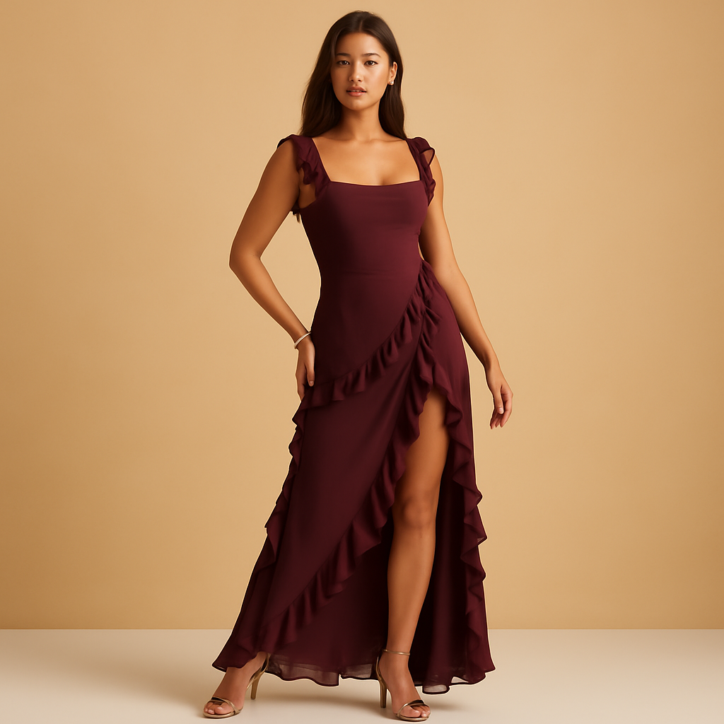 Elegant maxi dress for women with adjustable straps, high slit, and ruffled design, ideal for formal events and stylish summer evenings.