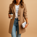 Women’s mid-length elegant coat with feminine tailored fit and refined details. Available in Black, Camel, and Navy for timeless winter style.
