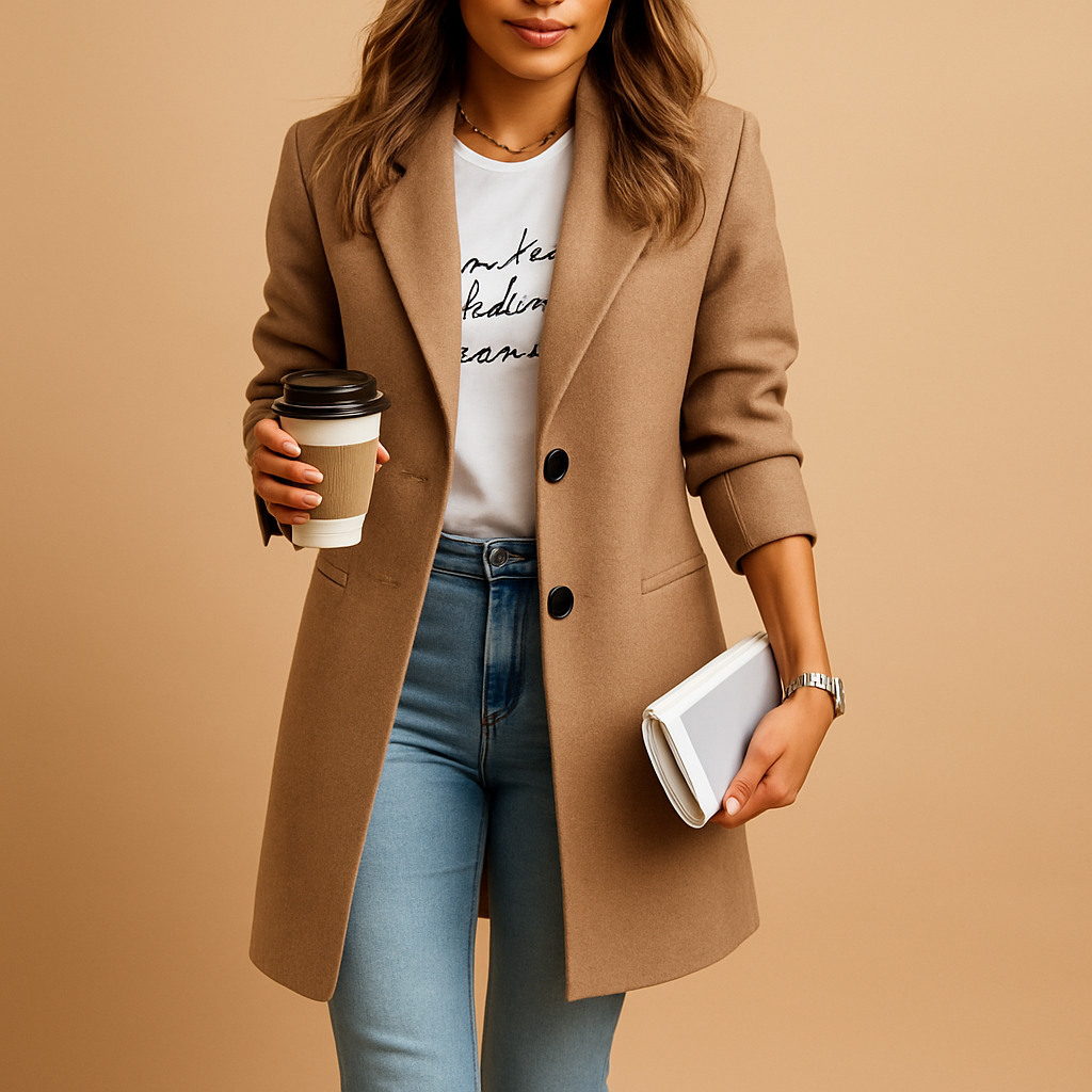 Women’s mid-length elegant coat with feminine tailored fit and refined details. Available in Black, Camel, and Navy for timeless winter style.