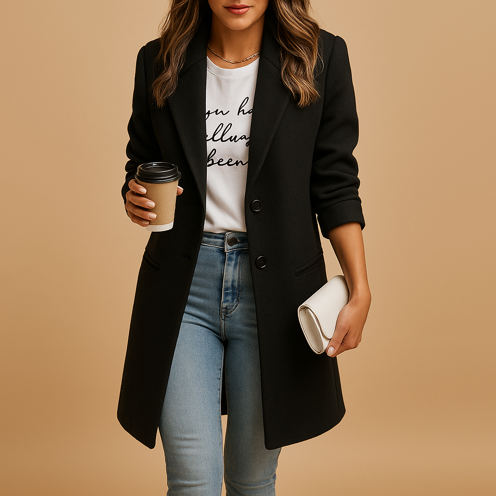 Women’s mid-length elegant coat with feminine tailored fit and refined details. Available in Black, Camel, and Navy for timeless winter style.