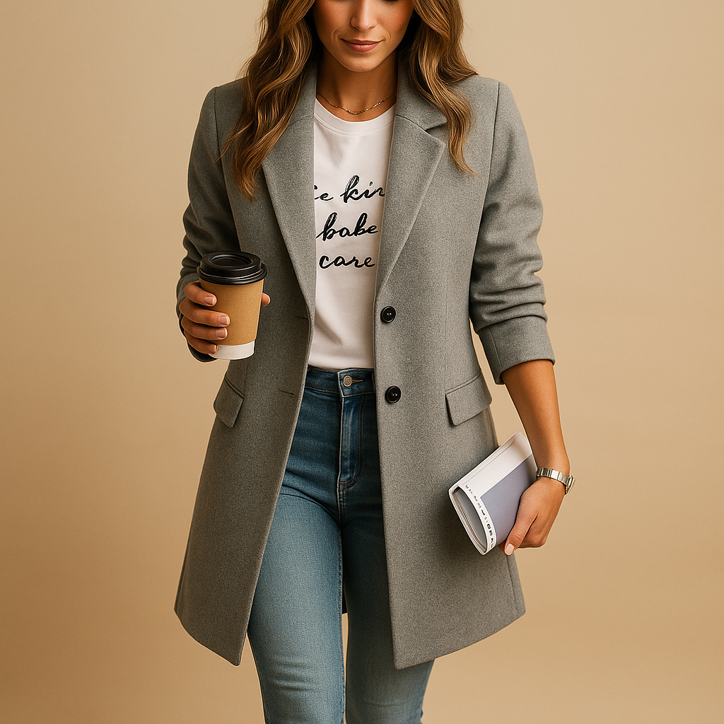 Women’s mid-length elegant coat with feminine tailored fit and refined details. Available in Black, Camel, and Navy for timeless winter style.