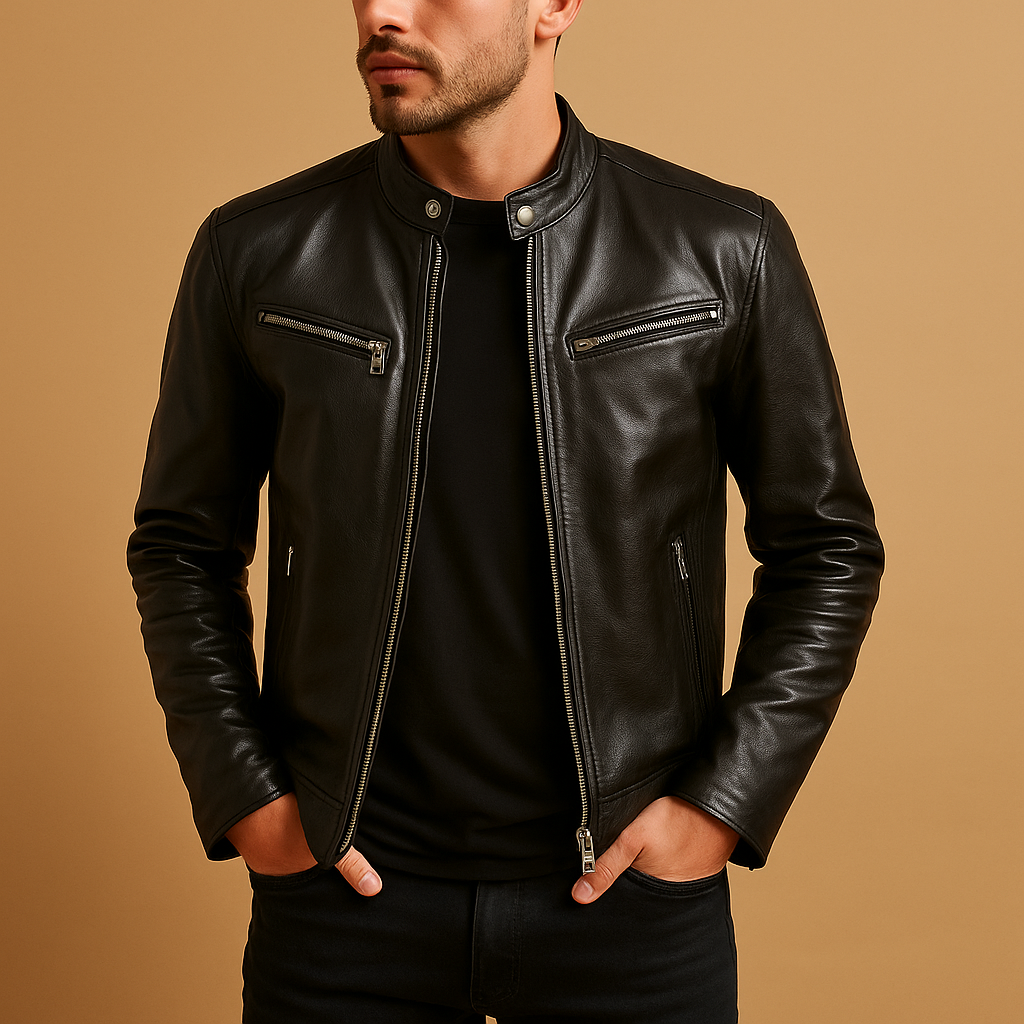 Men’s mid-season jacket with a sleek synthetic finish, ideal for casual or formal wear in transitional seasons.