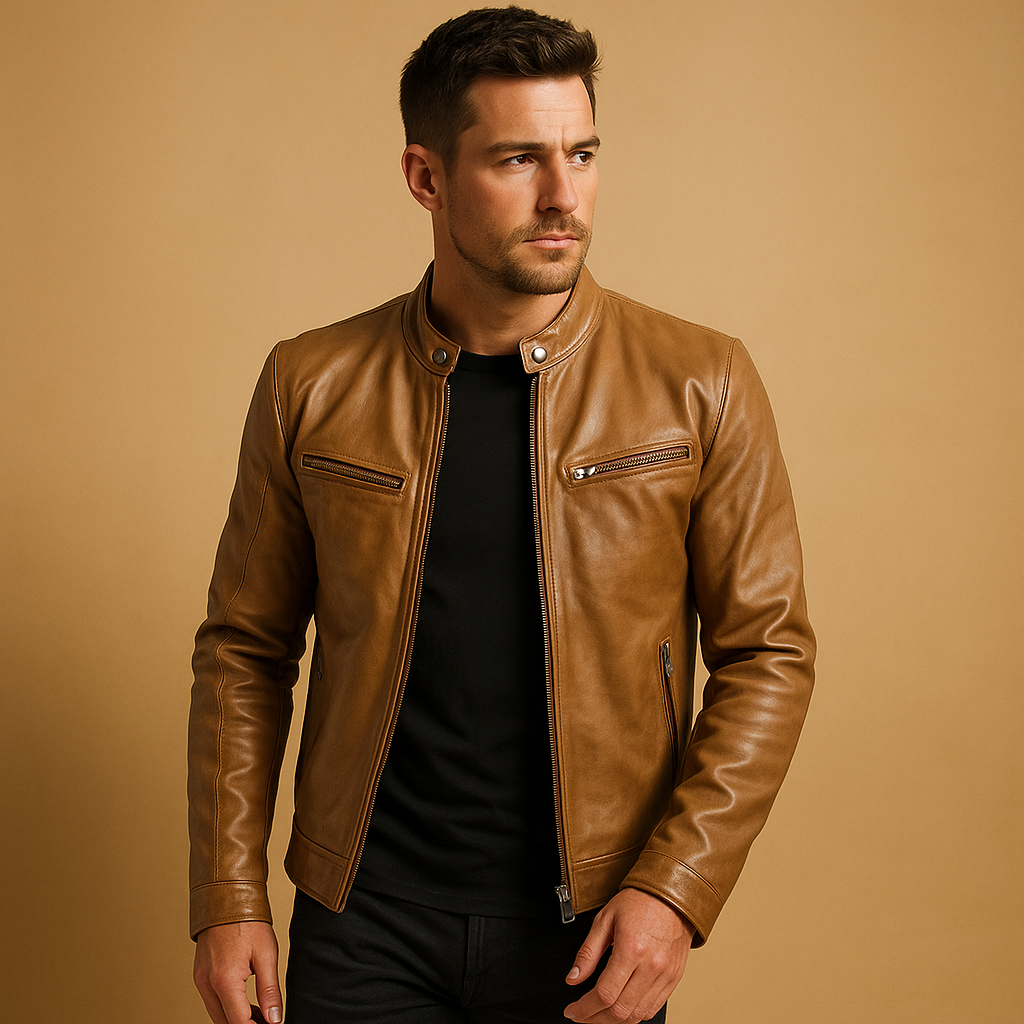 Men’s mid-season jacket with a sleek synthetic finish, ideal for casual or formal wear in transitional seasons.